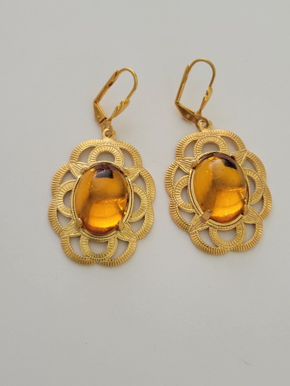 Gold Plated Amber Glass Cabochon Pierced Dangle Earrings